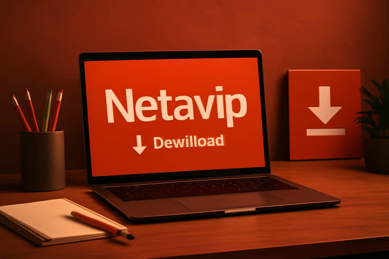Informational scene showcasing the Netavip Download process with sleek 3D elements.