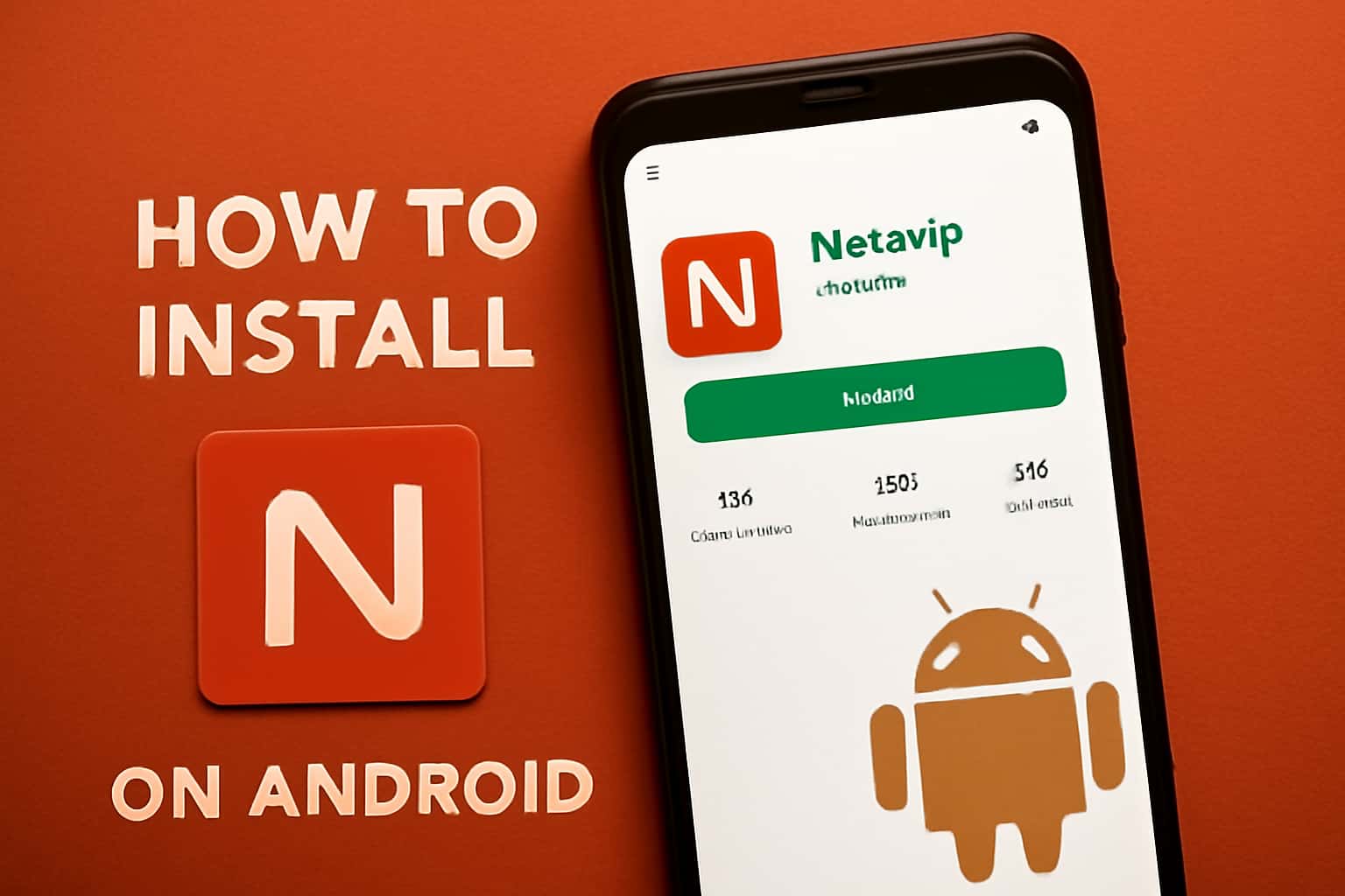 Informational scene demonstrating steps to install Netavip on Android with prominent text.